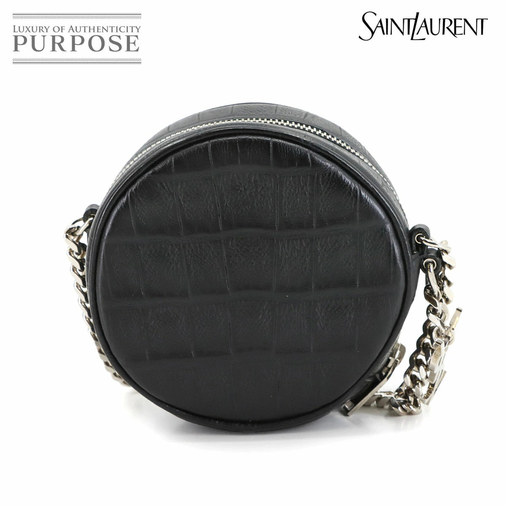 Saint Laurent Round Chain Embossed Leather Shoulder Bag Black